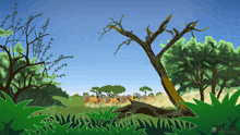 a painting of a savannah with trees and a blue sky