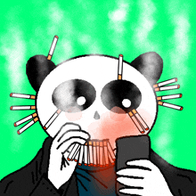 a cartoon of a panda smoking cigarettes and looking at a phone