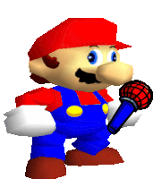 a cartoon of mario holding a microphone in his right hand