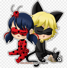 a drawing of a ladybug and cat noir with the website www.nekocopiecat.deviantart.com at the bottom