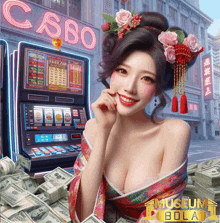 a woman in a kimono is smiling in front of a slot machine that says casso on it