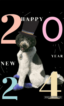 a black and white dog wearing a top hat is sitting in front of a sign that says " happy new year "