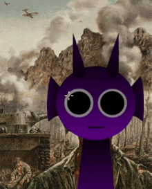 a purple monster with horns is standing in front of a painting