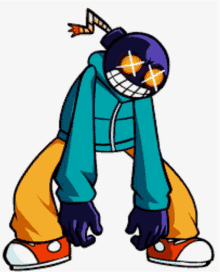 a cartoon character with a purple head and orange eyes is standing on his knees .