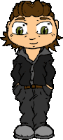 a cartoon drawing of a boy with green eyes and brown hair