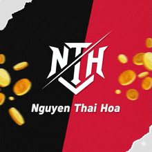 a logo for nguyen thai hoa with coins flying around it