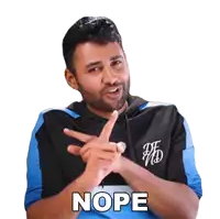 a man in a black and blue shirt is making a gesture with his hands and the word nope is on the bottom