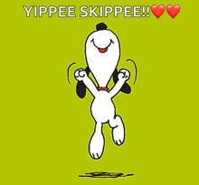 a cartoon of snoopy jumping in the air with the words yippee skippee