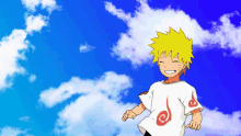 a boy with yellow hair is wearing a white shirt with a red swirl on it