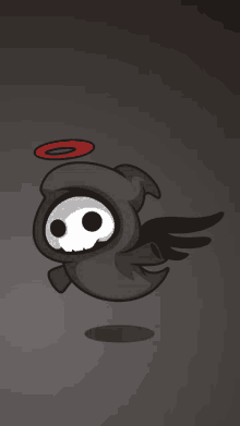 a cartoon grim reaper with wings and a red halo on his head