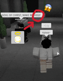 a screenshot of a video game with the words soul of christ make me holy visible