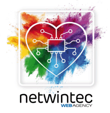 a logo for netwintec web agency with a heart and a circuit board