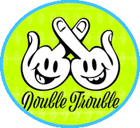 a double trouble logo with smiley faces on a green background