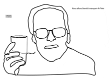 a black and white drawing of a man with glasses holding a glass