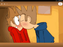 a cartoon of two boys kissing with a save button in the bottom right corner