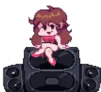 a pixel art illustration of a girl sitting on top of a speaker
