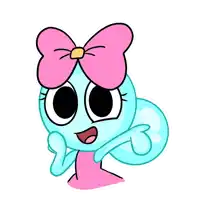 a blue cartoon character with a pink bow