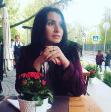 a woman sits at a table with a potted plant and a crosswalk sign in the background