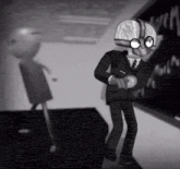 a black and white drawing of a man in a suit and tie with a brain on his head