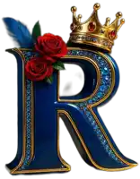 blue letter r with a gold crown and red roses