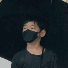 a young boy wearing a black mask and holding an umbrella