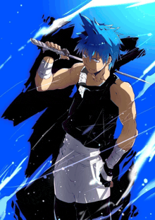 a man with blue hair is holding a sword in his right hand