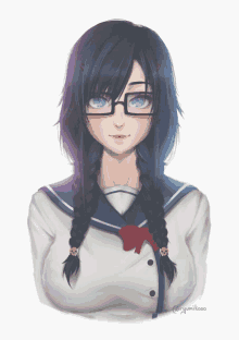 a drawing of a girl with braids and glasses by @ryumikoo