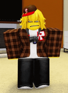 a roblox character wearing a plaid jacket and a hat with a letter r on it