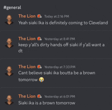 a screenshot of a conversation between the lion and a man named siaki ika