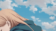 a girl with long blonde hair and red horns looks to the side