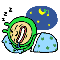 a cartoon drawing of a frog sleeping on a pillow with a moon and stars in the background