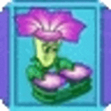 a purple flower is sitting on top of a green plant in a blue frame .