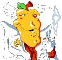 a cartoon character smoking a cigarette with gmg written on his shirt