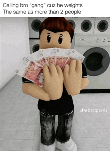 a cartoon character is holding a bunch of money in front of a washing machine