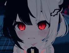 a black and white anime character with red eyes and a star in her hair