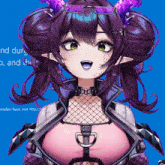 a girl with purple hair and horns is standing in front of a blue screen that says possible fixes visit http://