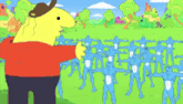 a cartoon of a man in a red shirt standing in front of a bunch of blue figures