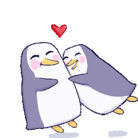 a couple of penguins hugging each other with a heart above them