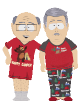 two cartoon characters are standing next to each other wearing pajamas that say happy camper