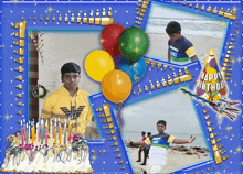 a boy in a yellow shirt is surrounded by balloons and a happy birthday sign