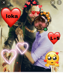 a picture of loki hugging another man with hearts around him