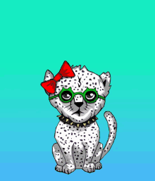 a cheetah wearing glasses and a red bow on its head