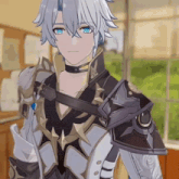 a cartoon character with white hair and blue eyes is wearing armor