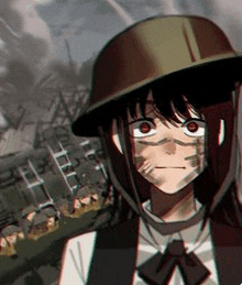 a girl wearing a helmet and a mask is standing in front of a ruined city .