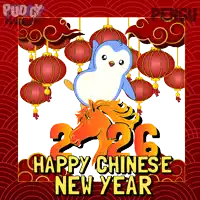 a happy chinese new year greeting card with a penguin riding a horse