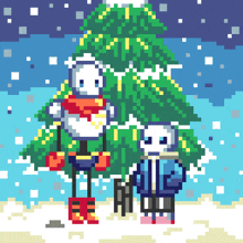 a pixel art illustration of papyrus and sans standing next to a christmas tree