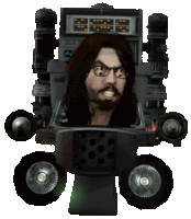 a man with long hair and glasses is in a machine