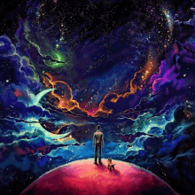 a colorful painting of a man standing on a planet with a dog