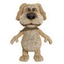 a stuffed dog is standing on its hind legs on a white background .