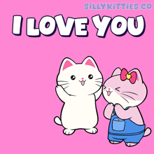 a cartoon of a cat hugging another cat with the words " i love you " above them